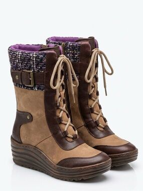 BIONICA Brown Leather Purple Tweed Wedge Winter Snow Boots Size 6.5 M